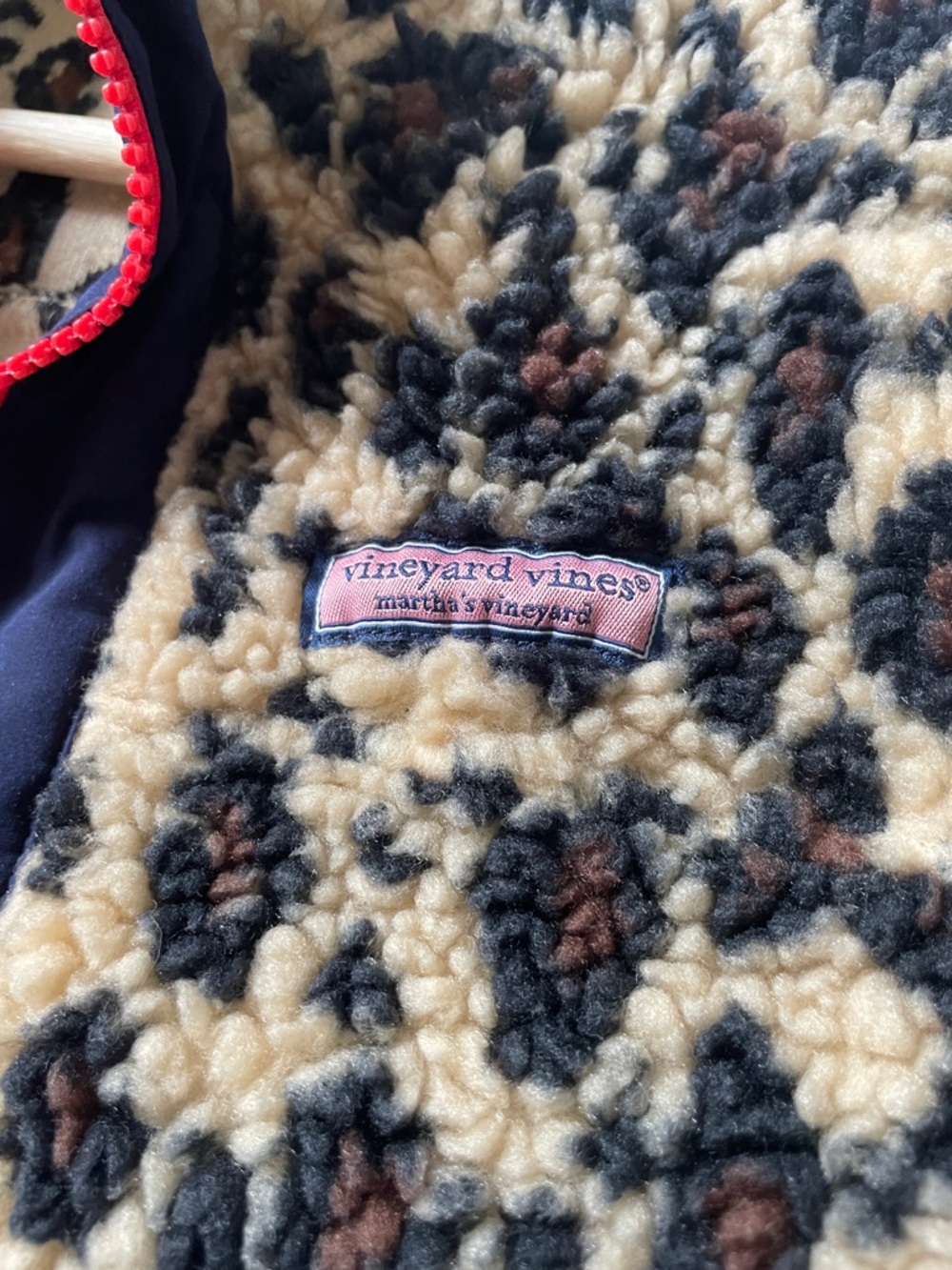 Vineyard Vines Leopard Sherpa Pullover in Cream, Black & Red - Picture 3 of 14